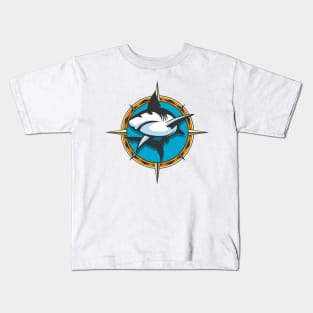 Jumping Shark on Wind rose background colorful emblem. Kids T-Shirt